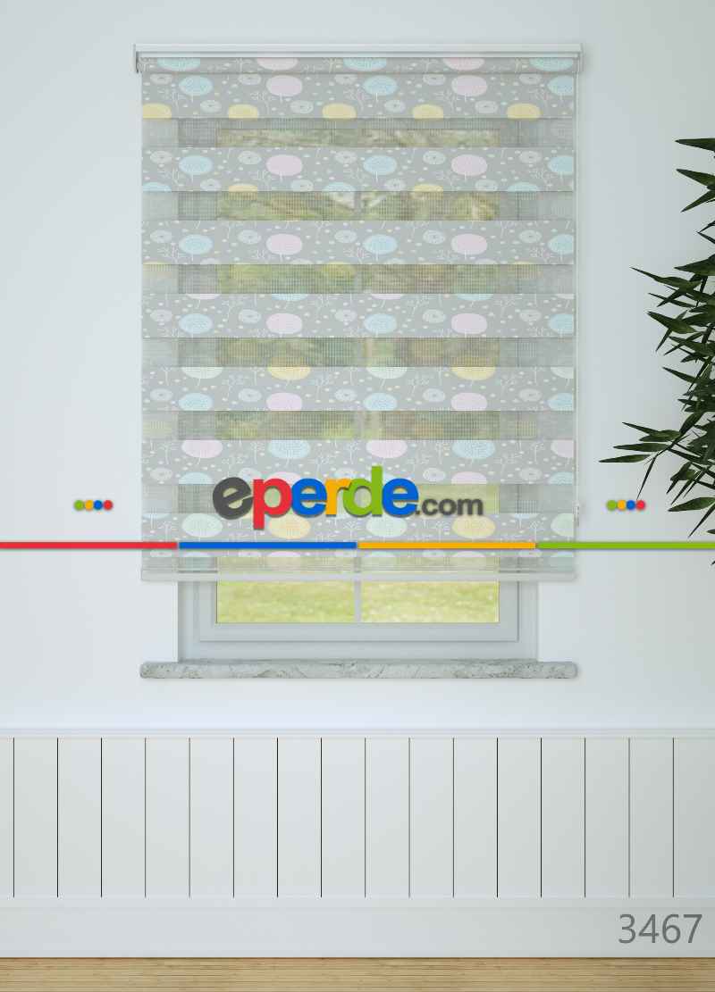 Çocuk Odası - Gri Pembe Hindiba Çiçeği Desenli Baskılı Zebra Perde