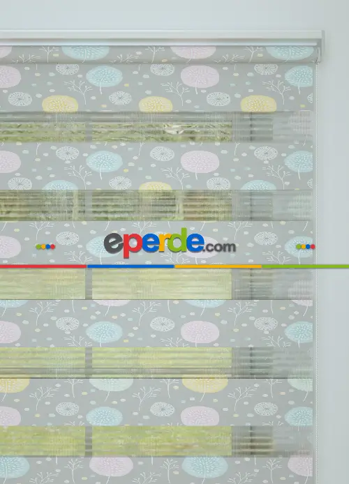 Gri Pembe Hindiba Çiçeği Desenli Baskılı Zebra Perde