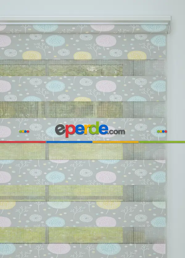 Gri Pembe Hindiba Çiçeği Desenli Baskılı Zebra Perde