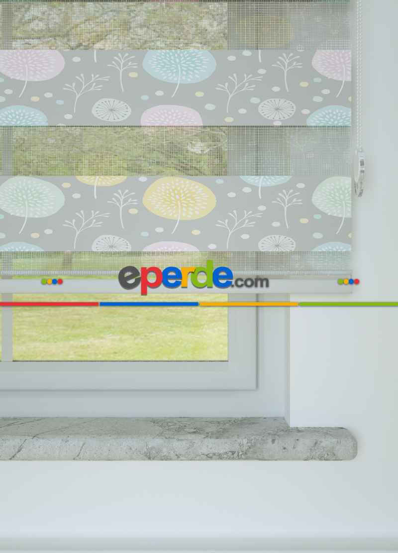 Çocuk Odası - Gri Pembe Hindiba Çiçeği Desenli Baskılı Zebra Perde