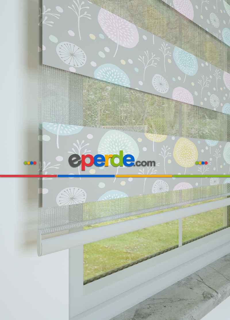 Çocuk Odası - Gri Pembe Hindiba Çiçeği Desenli Baskılı Zebra Perde