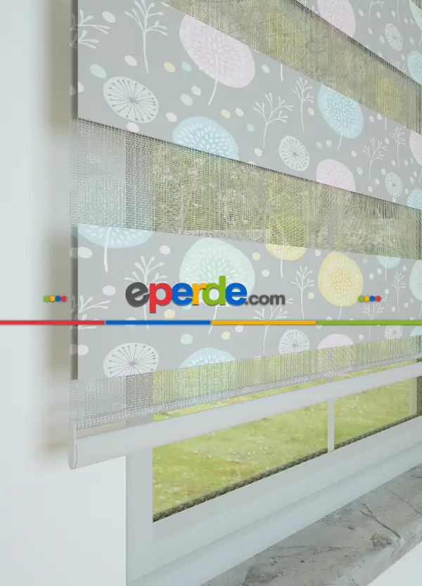 Gri Pembe Hindiba Çiçeği Desenli Baskılı Zebra Perde