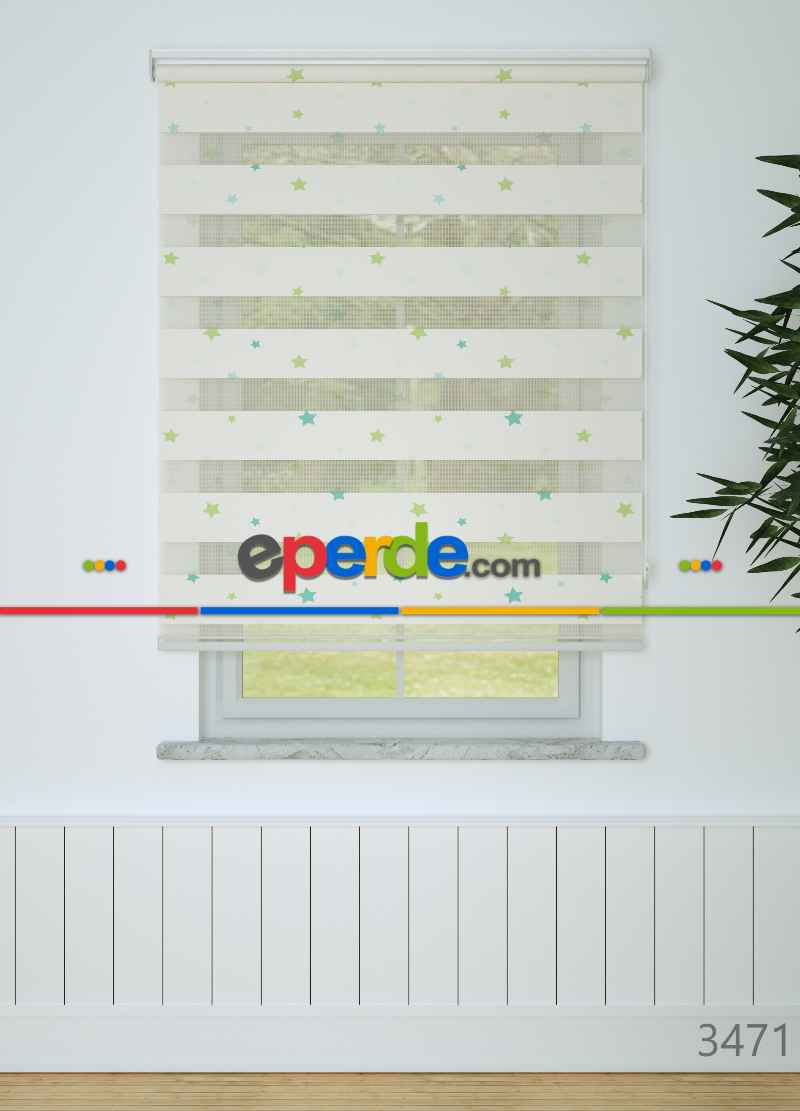 Bebek Odası - Yeşil Mavi Yıldız Desenli Baskılı Zebra Perde