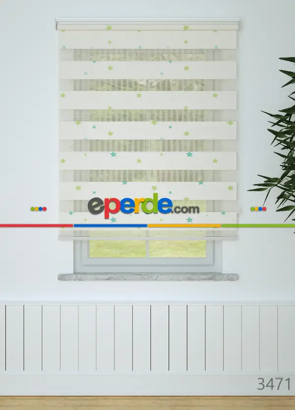 Yeşil Mavi Yıldız Desenli Baskılı Zebra Perde