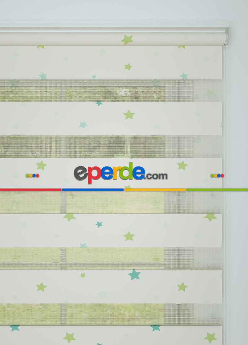 Bebek Odası - Yeşil Mavi Yıldız Desenli Baskılı Zebra Perde