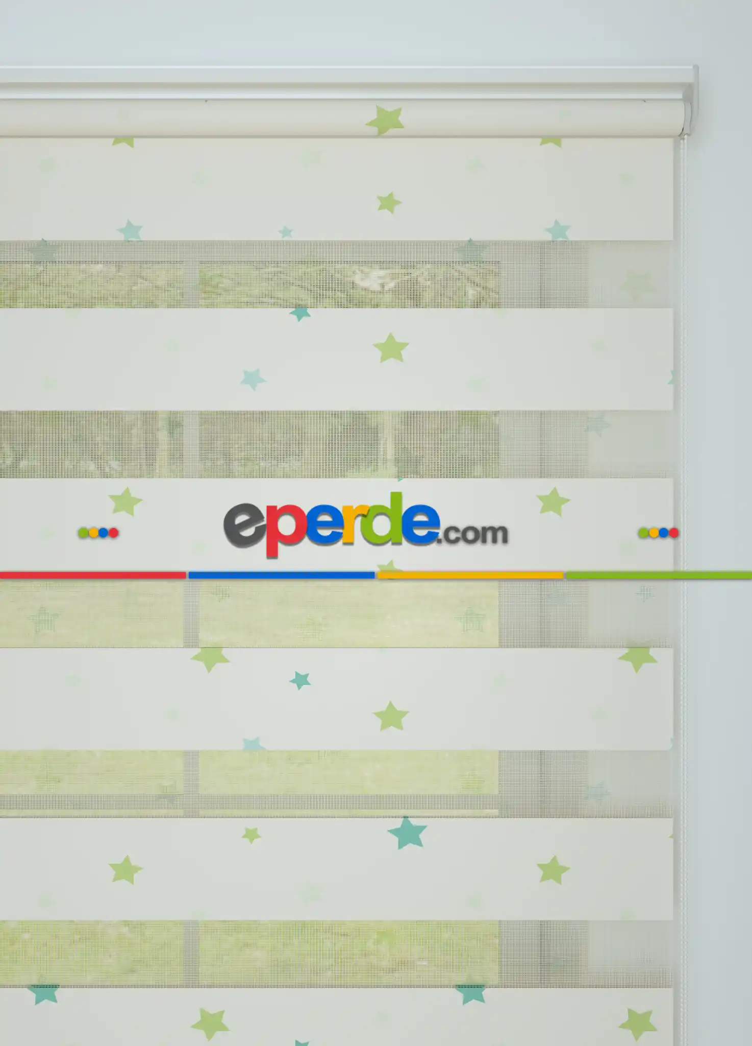 Yeşil Mavi Yıldız Desenli Baskılı Zebra Perde