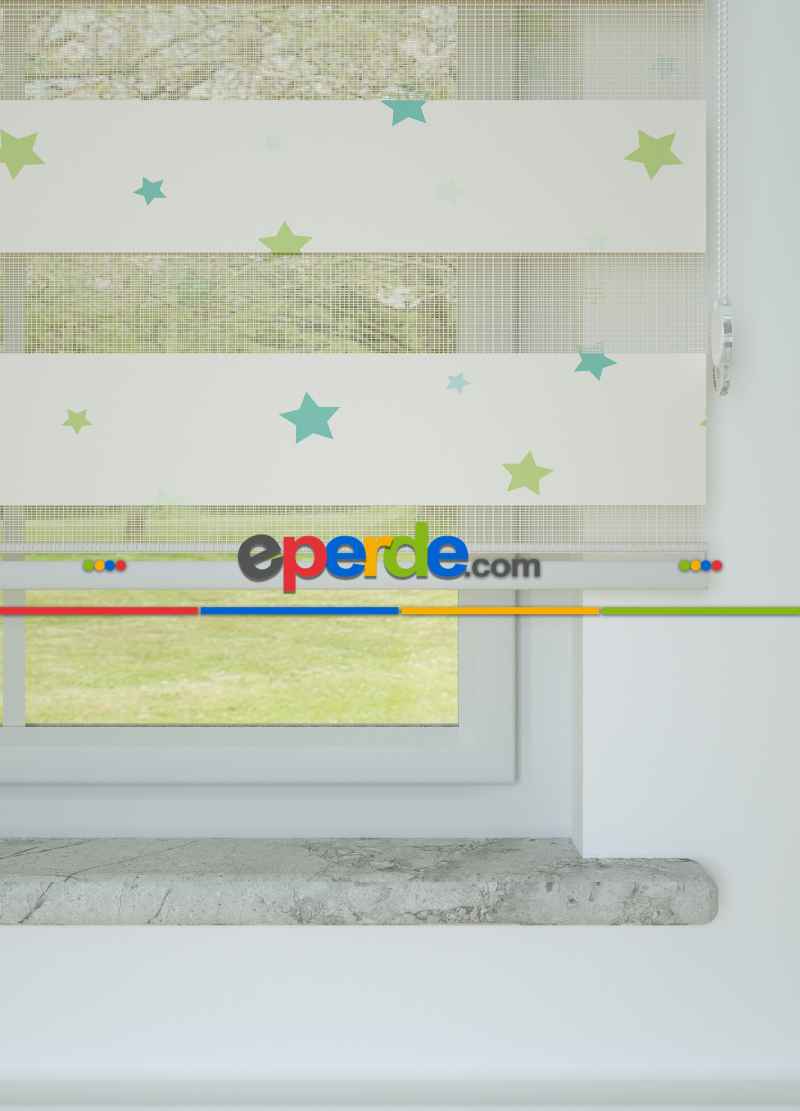 Bebek Odası - Yeşil Mavi Yıldız Desenli Baskılı Zebra Perde