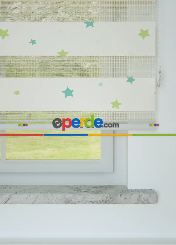 Yeşil Mavi Yıldız Desenli Baskılı Zebra Perde