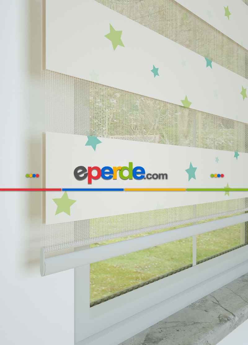 Bebek Odası - Yeşil Mavi Yıldız Desenli Baskılı Zebra Perde