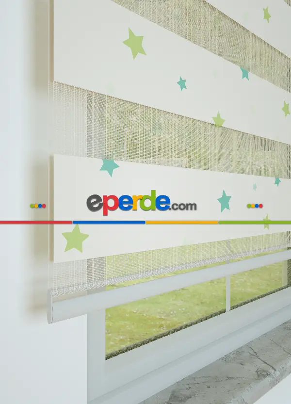 Yeşil Mavi Yıldız Desenli Baskılı Zebra Perde