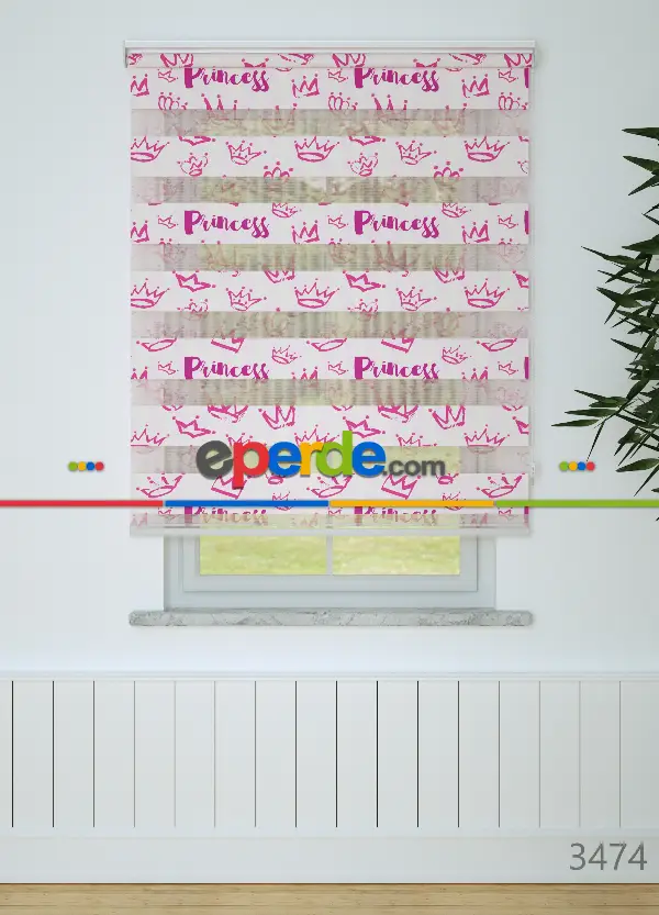 Bebek Odası - Pembe Taç Ve Prenses Desenli Baskılı Zebra Perde