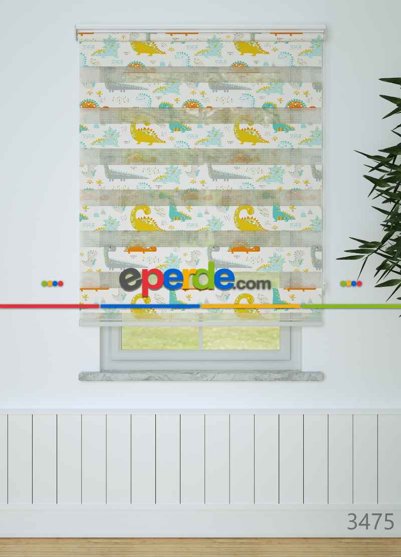 Çocuk Odası - Sarı Turkuaz Dinazor Desenli Baskılı Zebra Perde