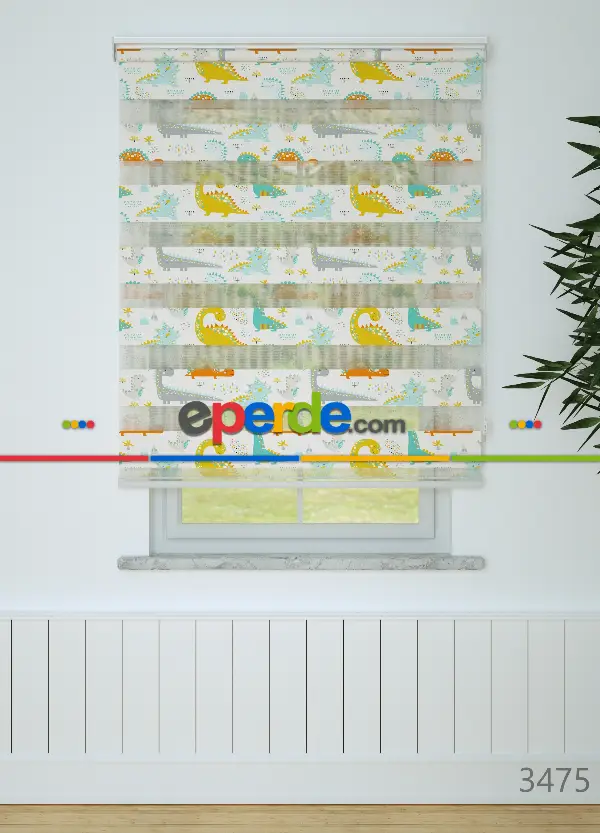 Bebek Odası - Sarı Turkuaz Dinazor Desenli Baskılı Zebra Perde