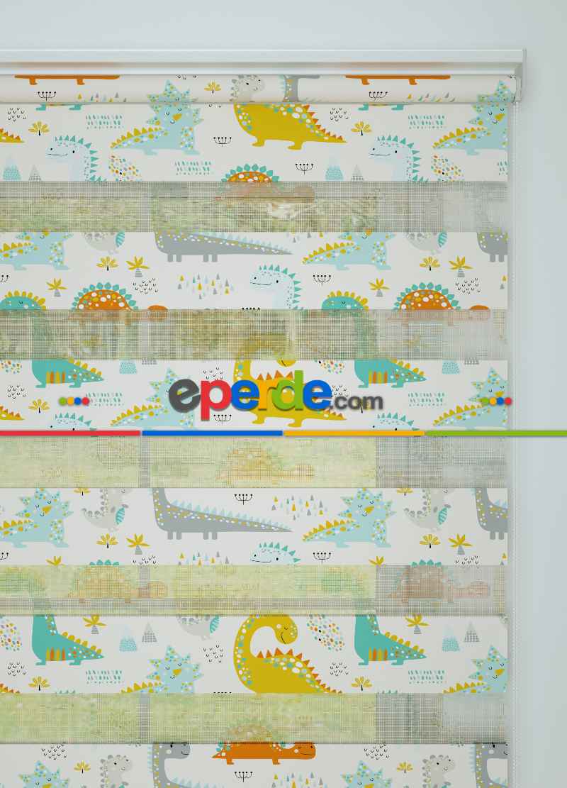 Çocuk Odası - Sarı Turkuaz Dinazor Desenli Baskılı Zebra Perde