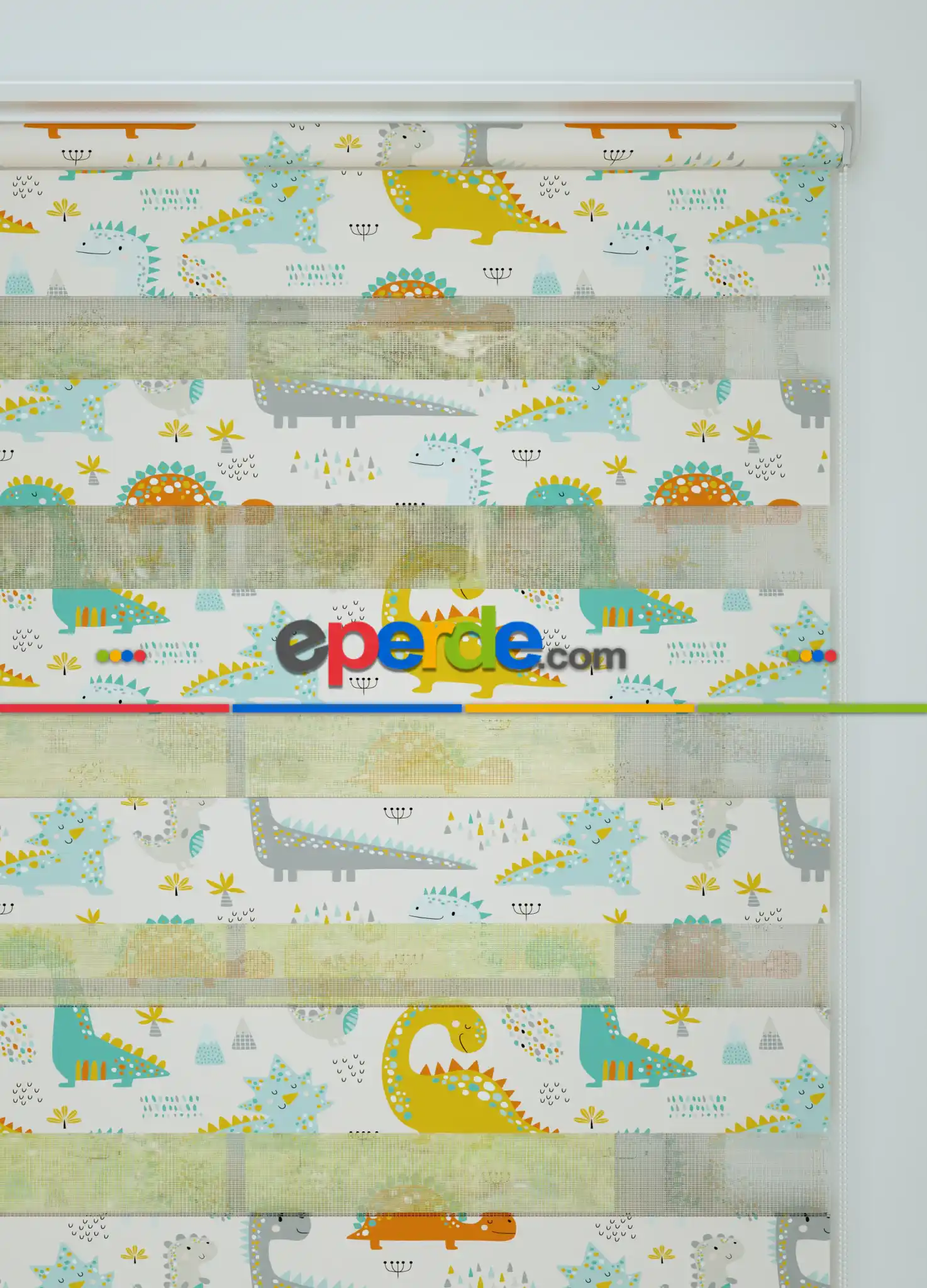 Bebek Odası - Sarı Turkuaz Dinazor Desenli Baskılı Zebra Perde