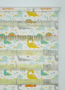 Bebek Odası - Sarı Turkuaz Dinazor Desenli Baskılı Zebra Perde