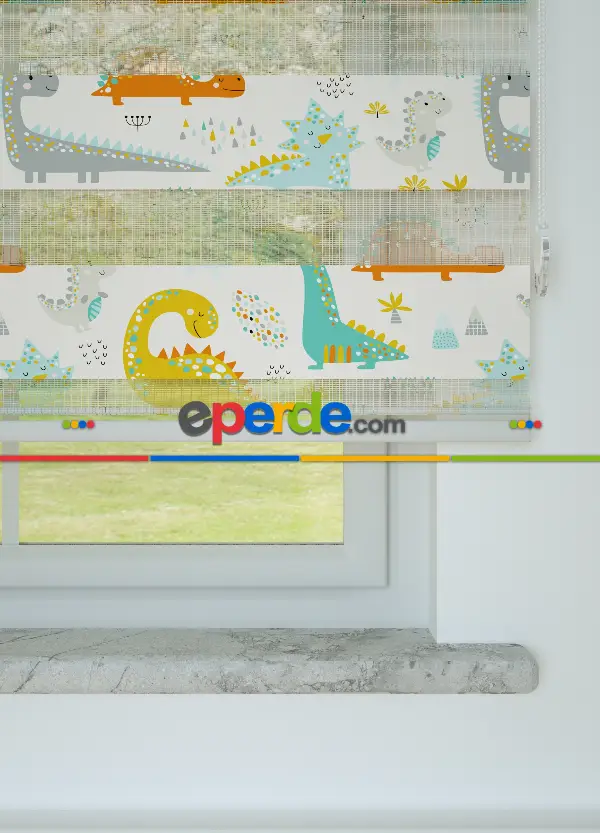 Bebek Odası - Sarı Turkuaz Dinazor Desenli Baskılı Zebra Perde