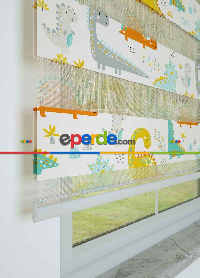 Çocuk Odası - Sarı Turkuaz Dinazor Desenli Baskılı Zebra Perde