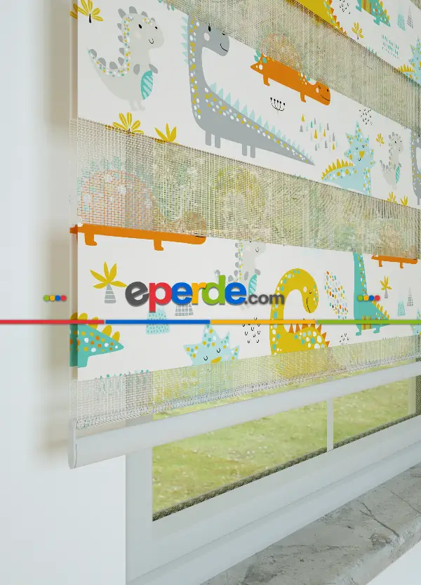 Bebek Odası - Sarı Turkuaz Dinazor Desenli Baskılı Zebra Perde