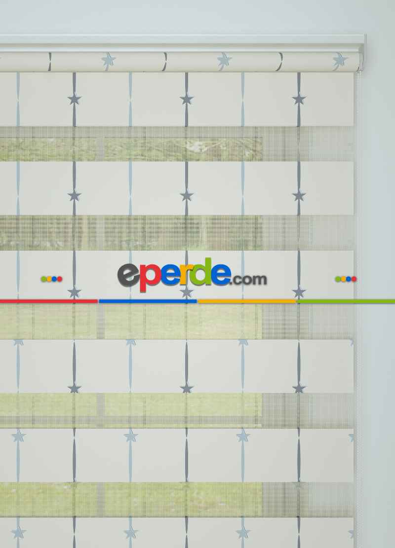 Bebek Odası - Gri Mavi Yıldız Desenli Baskılı Zebra Perde