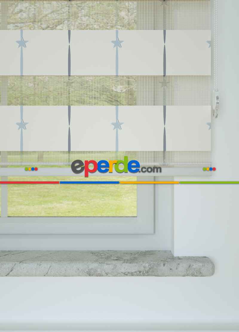 Bebek Odası - Gri Mavi Yıldız Desenli Baskılı Zebra Perde