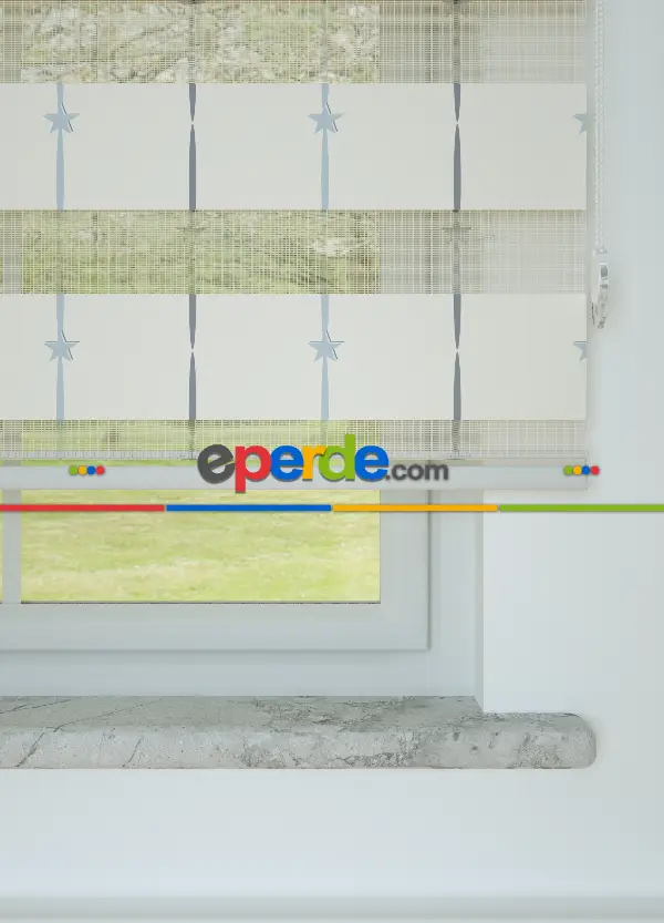 Bebek Odası - Gri Mavi Yıldız Desenli Baskılı Zebra Perde