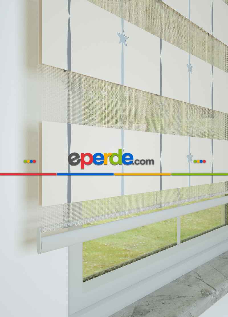 Bebek Odası - Gri Mavi Yıldız Desenli Baskılı Zebra Perde