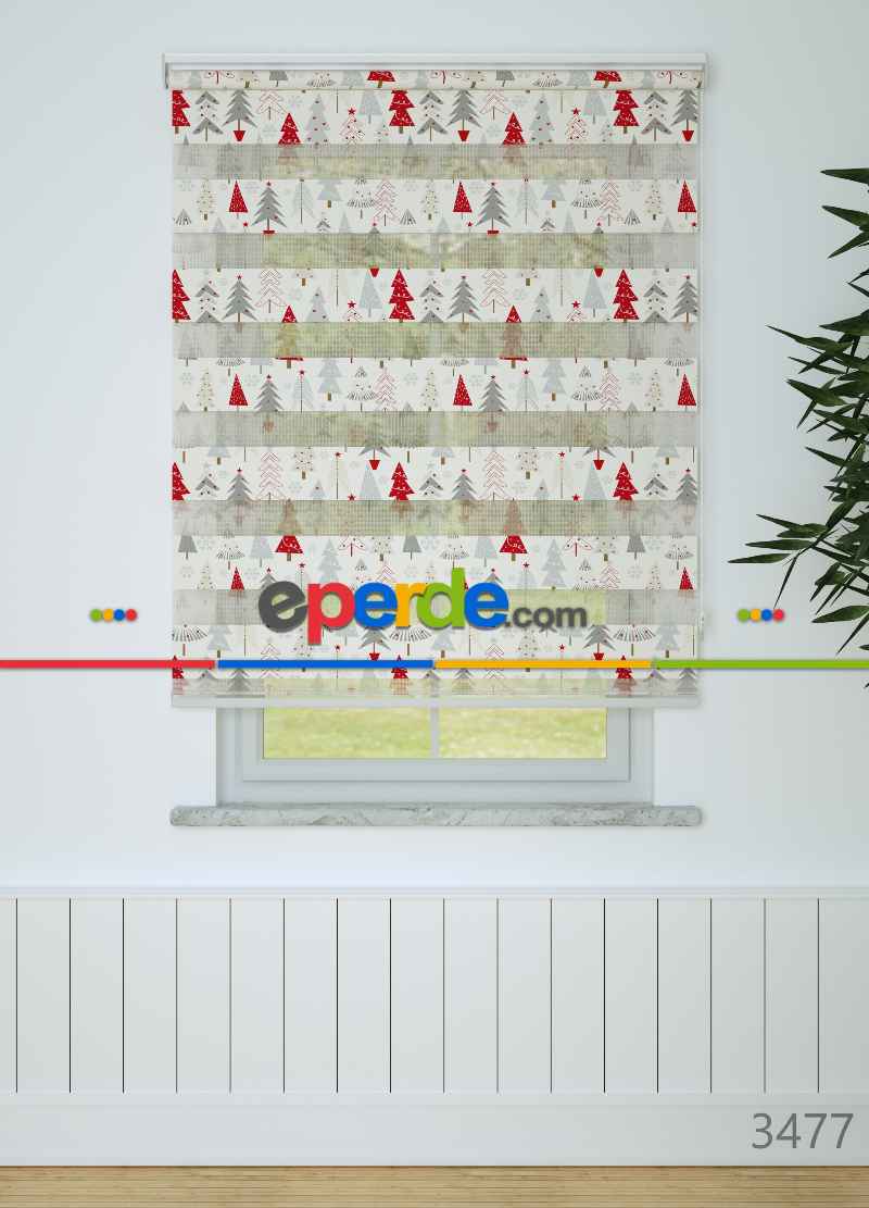 Kırmızı Gri Çam Ağacı Desenli Baskılı Zebra Perde