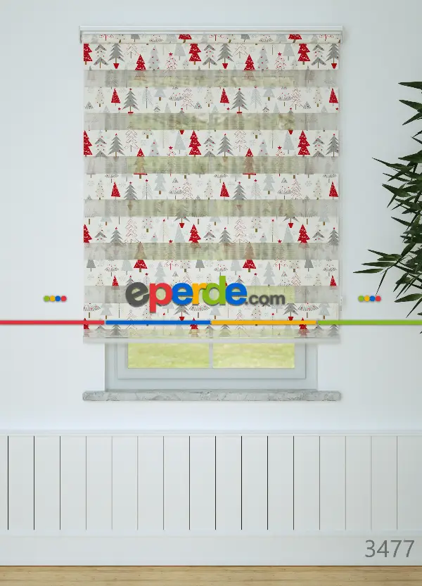 Bebek Odası - Kırmızı Gri Çam Ağacı Desenli Baskılı Zebra Perde