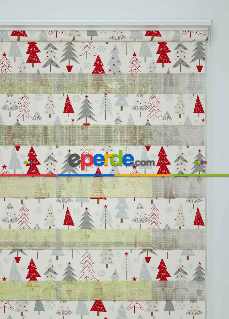 Kırmızı Gri Çam Ağacı Desenli Baskılı Zebra Perde