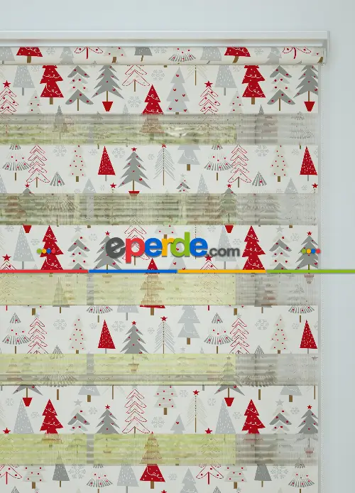 Kırmızı Gri Çam Ağacı Desenli Baskılı Zebra Perde