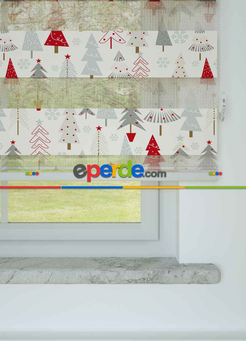 Kırmızı Gri Çam Ağacı Desenli Baskılı Zebra Perde