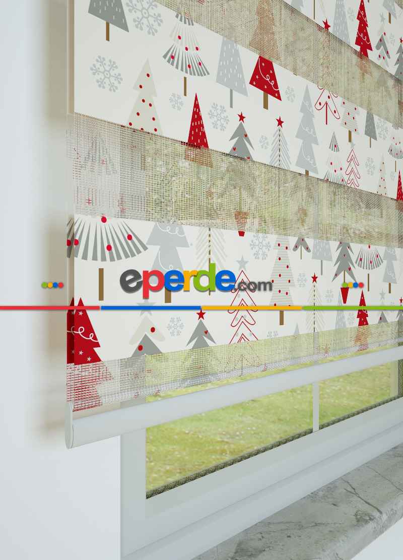 Kırmızı Gri Çam Ağacı Desenli Baskılı Zebra Perde