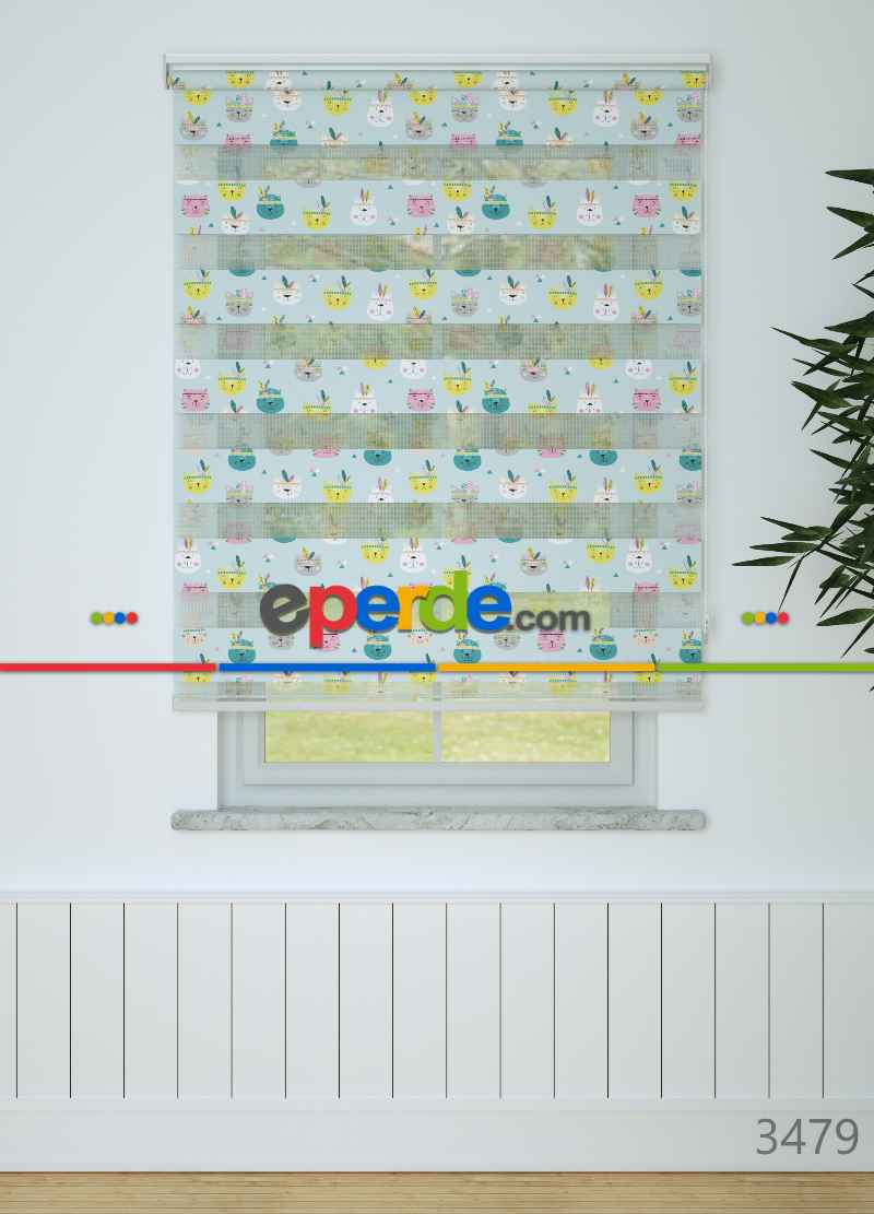 Bebek Odası - Yeşil Sarı Kedi Köpek Desenli Baskılı Zebra Perde