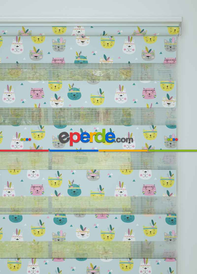 Bebek Odası - Yeşil Sarı Kedi Köpek Desenli Baskılı Zebra Perde