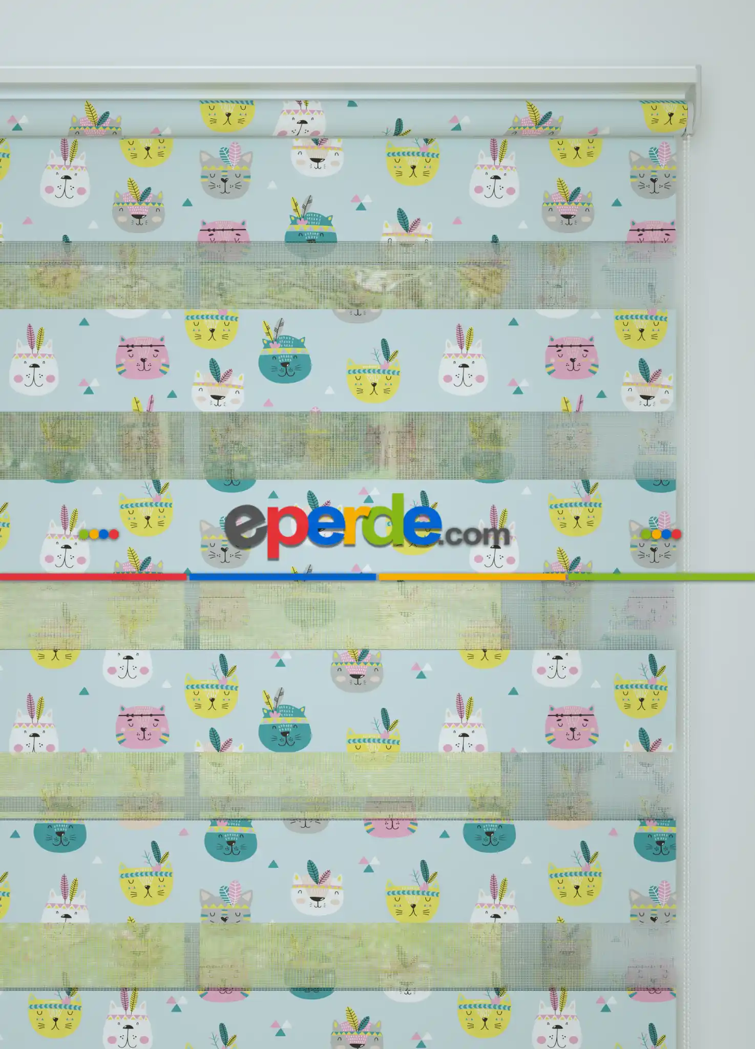 Yeşil Sarı Kedi Köpek Desenli Baskılı Zebra Perde