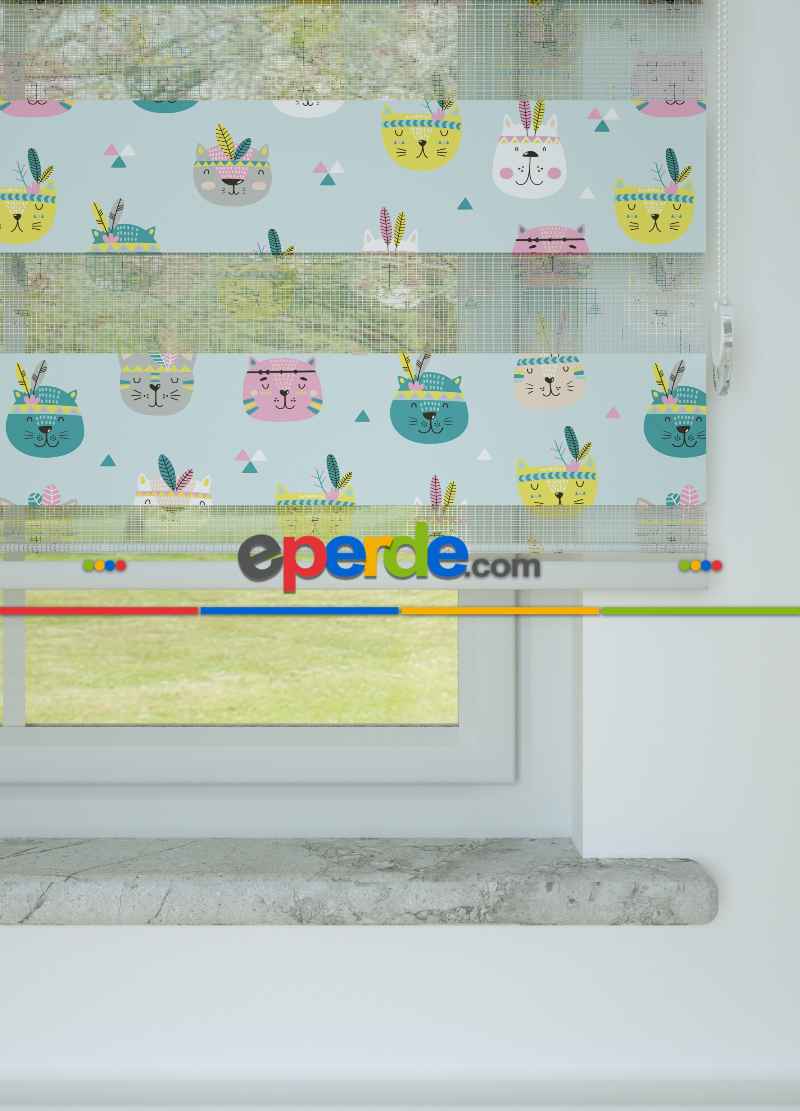 Bebek Odası - Yeşil Sarı Kedi Köpek Desenli Baskılı Zebra Perde