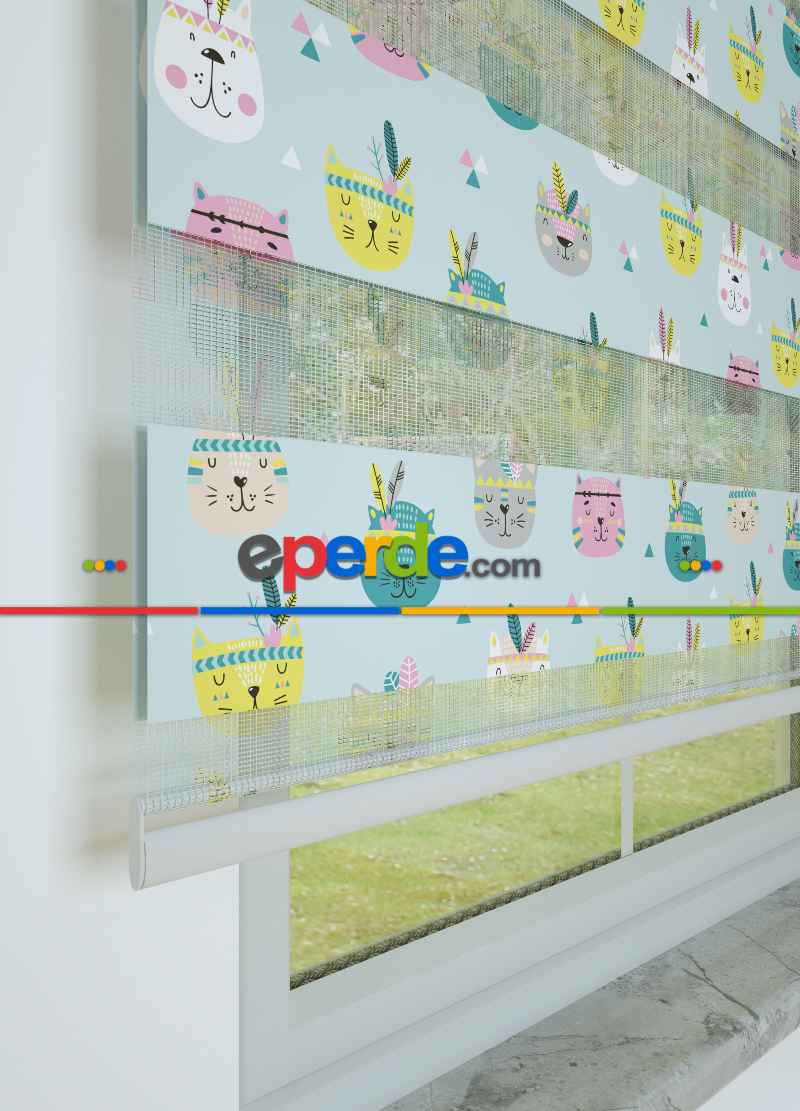 Bebek Odası - Yeşil Sarı Kedi Köpek Desenli Baskılı Zebra Perde