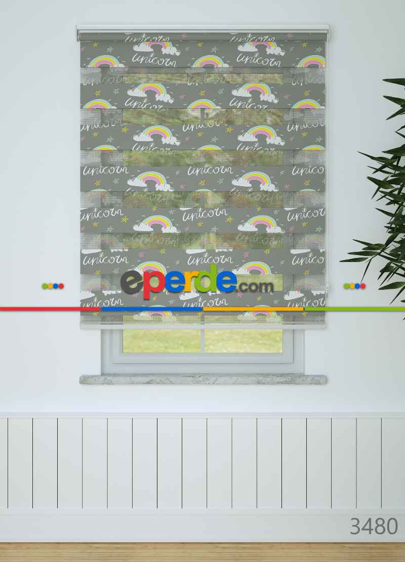 Bebek Odası - Gri Pembe Gökkuşağı Ve Unicorn Desenli Baskılı Zebra Perde