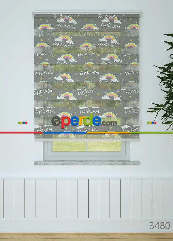 Gri Pembe Gökkuşağı Ve Unicorn Desenli Baskılı Zebra Perde