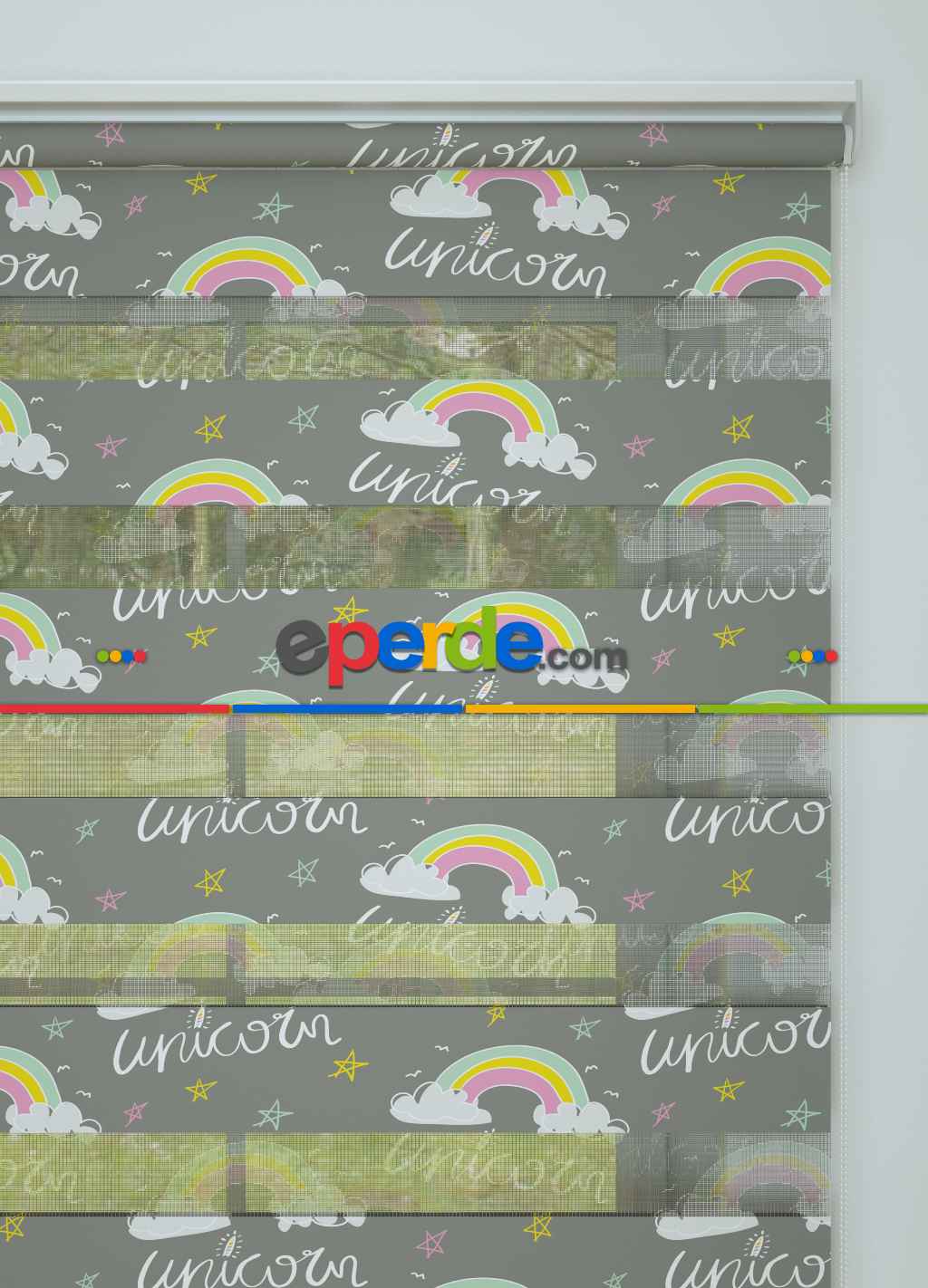 Çocuk Odası - Gri Pembe Gökkuşağı Ve Unicorn Desenli Baskılı Zebra Perde