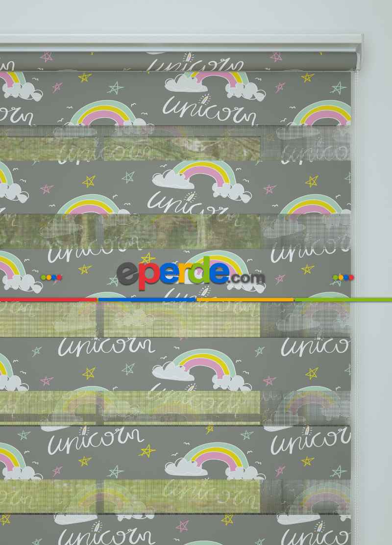 Bebek Odası - Gri Pembe Gökkuşağı Ve Unicorn Desenli Baskılı Zebra Perde