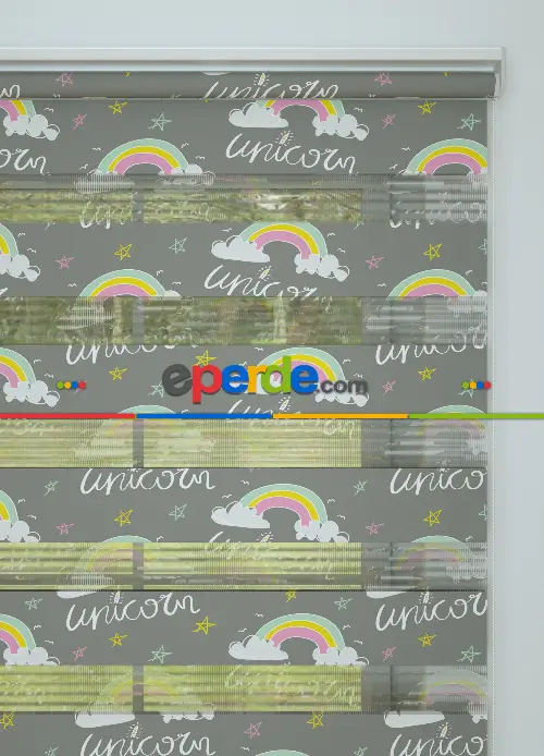 Gri Pembe Gökkuşağı Ve Unicorn Desenli Baskılı Zebra Perde