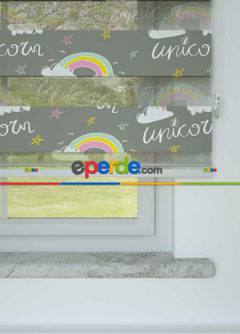 Bebek Odası - Gri Pembe Gökkuşağı Ve Unicorn Desenli Baskılı Zebra Perde