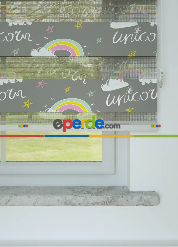Gri Pembe Gökkuşağı Ve Unicorn Desenli Baskılı Zebra Perde