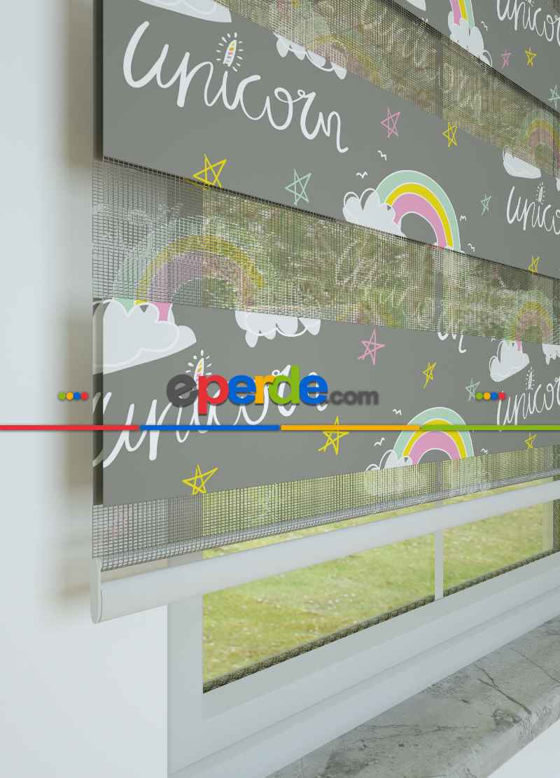 Bebek Odası - Gri Pembe Gökkuşağı Ve Unicorn Desenli Baskılı Zebra Perde