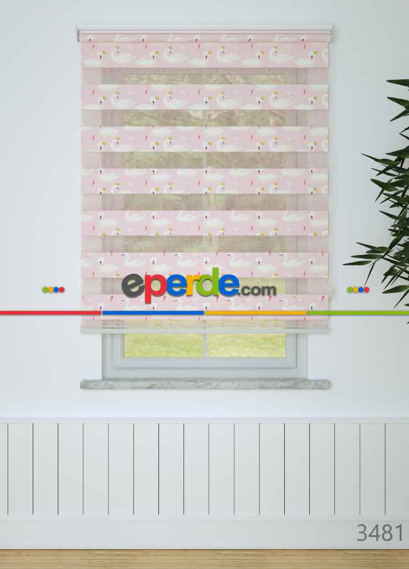 Pembe Kuğu Desenli Baskılı Zebra Perde