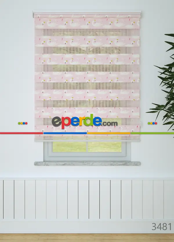 Pembe Kuğu Desenli Baskılı Zebra Perde