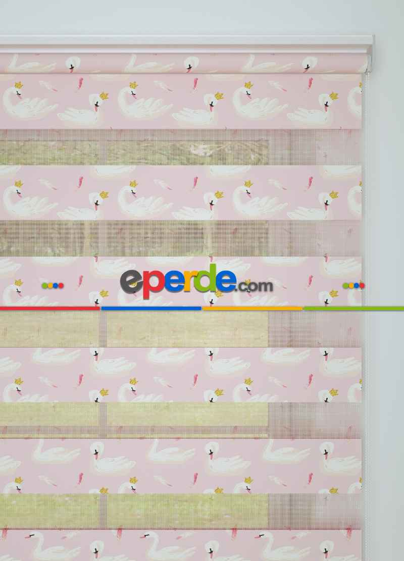 Pembe Kuğu Desenli Baskılı Zebra Perde