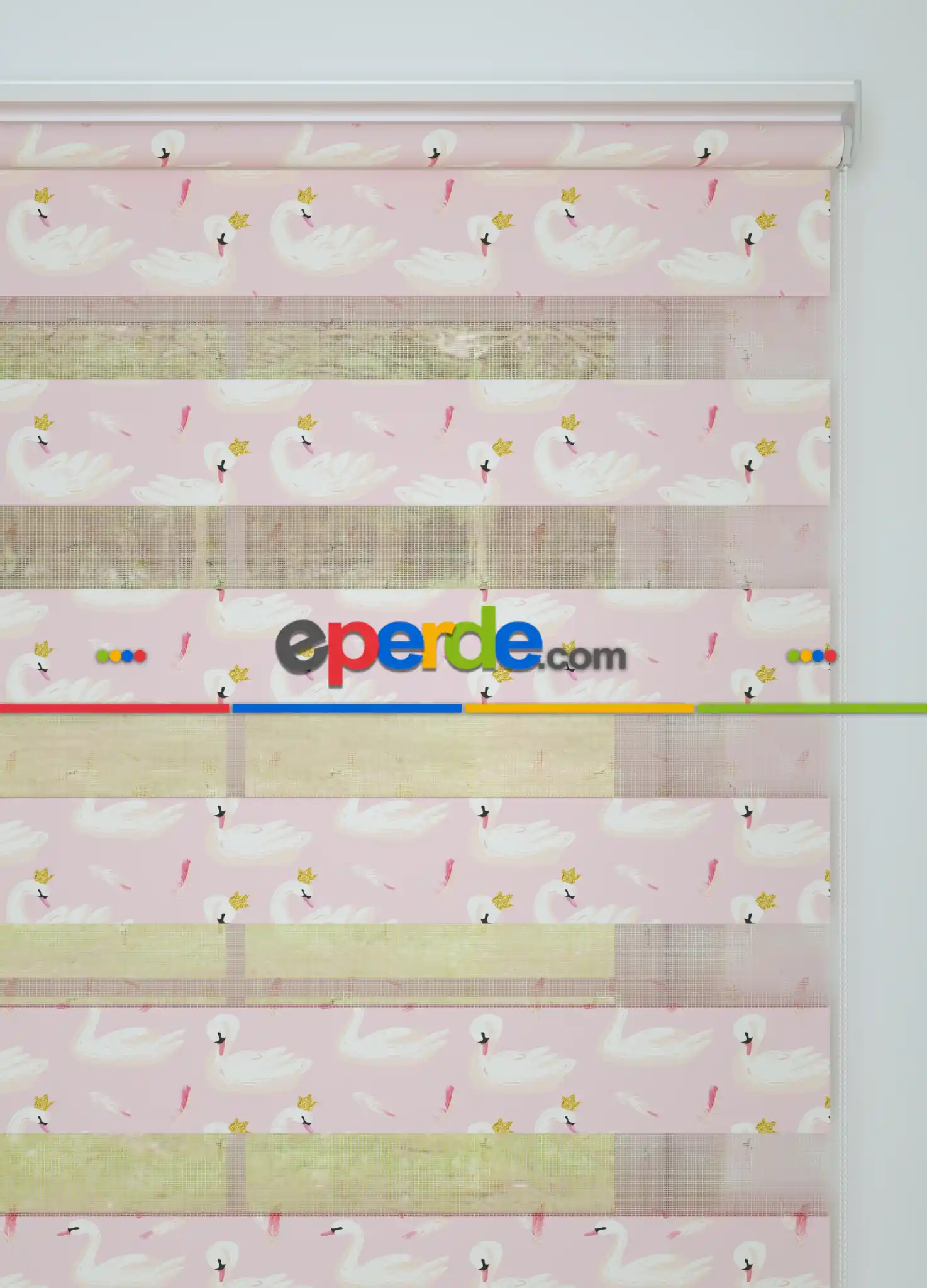 Pembe Kuğu Desenli Baskılı Zebra Perde